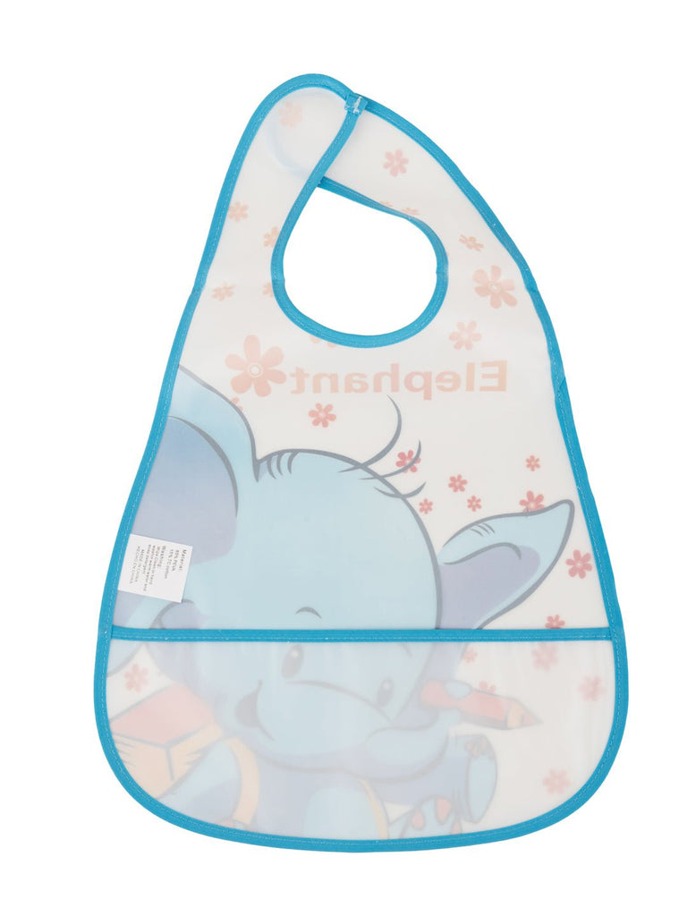 Baby bib with adorable elephant and flower design, waterproof and easy to clean, back view with close neck.