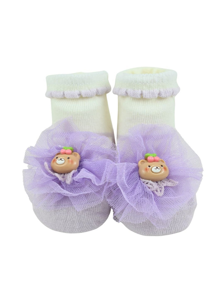 Adorable Baby Cotton Socks with Bear Charm for Girls – Purple - Front View