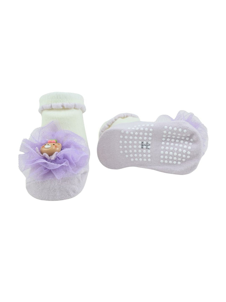 Adorable Baby Cotton Socks with Bear Charm for Girls – Purple - Front & Back View