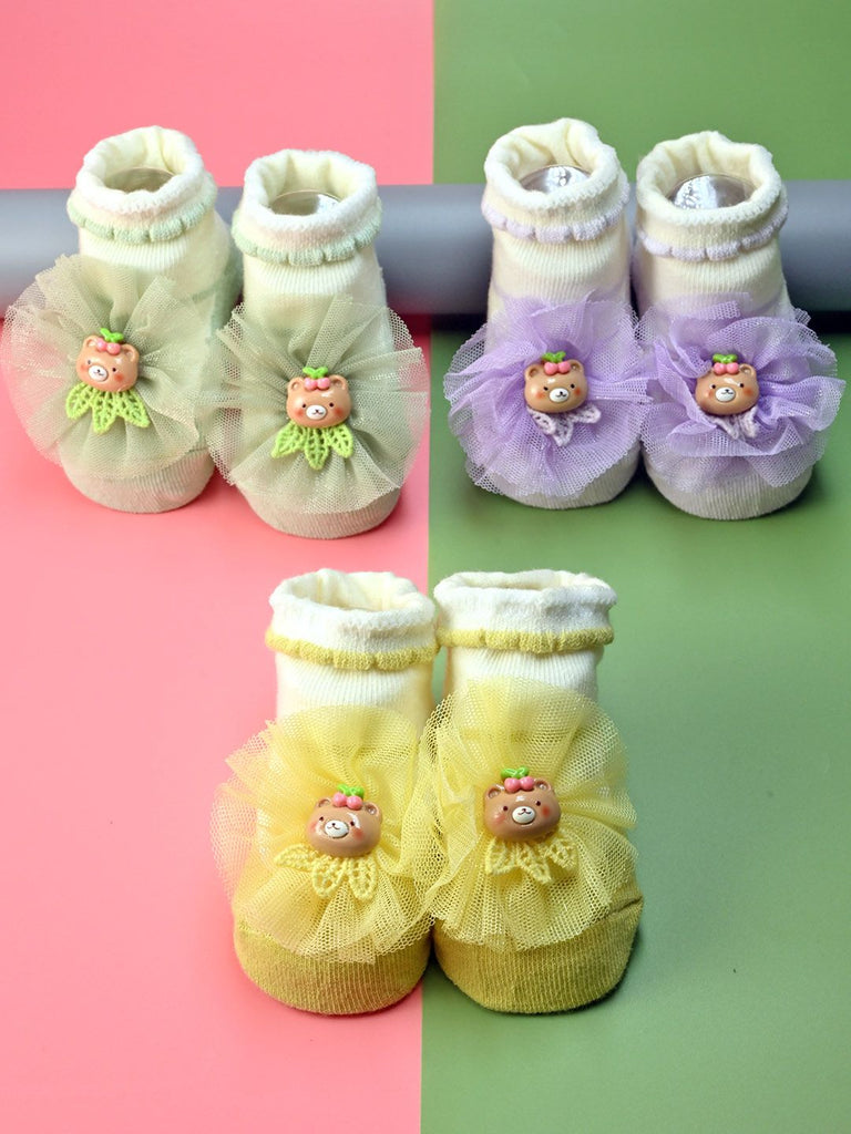 Adorable Baby Cotton Socks with Bear & Floral Design for Girls- Purple, Yellow & Green - Creative View