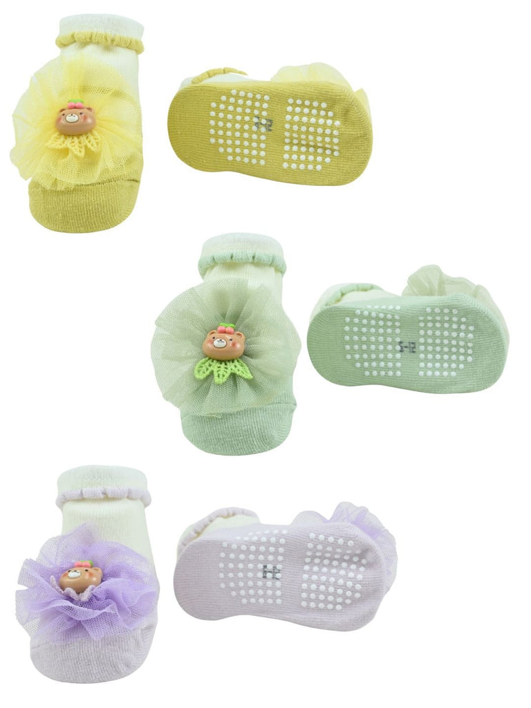 Adorable Baby Cotton Socks with Bear & Floral Design for Girls- Purple, Yellow & Green - Front & Back View