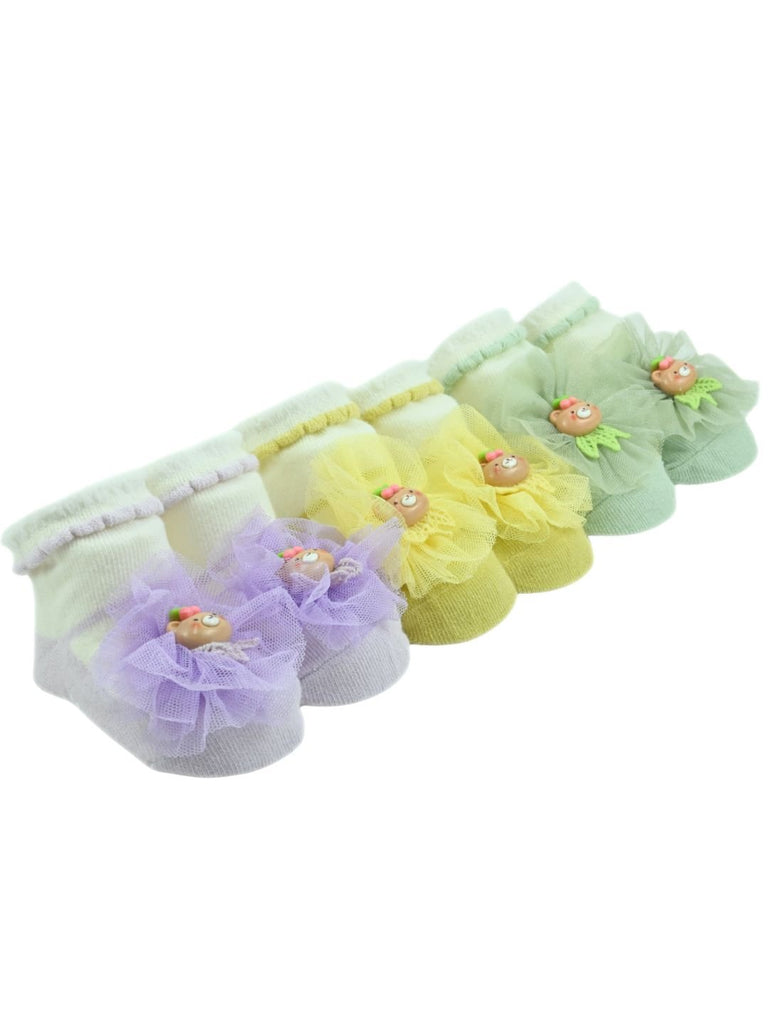 Adorable Baby Cotton Socks with Bear & Floral Design for Girls- Purple, Yellow & Green - Angle View