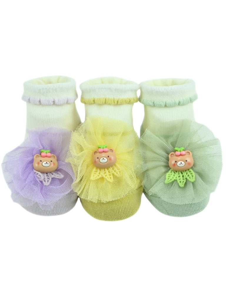 Adorable Baby Cotton Socks with Bear & Floral Design for Girls- Purple, Yellow & Green - Full View