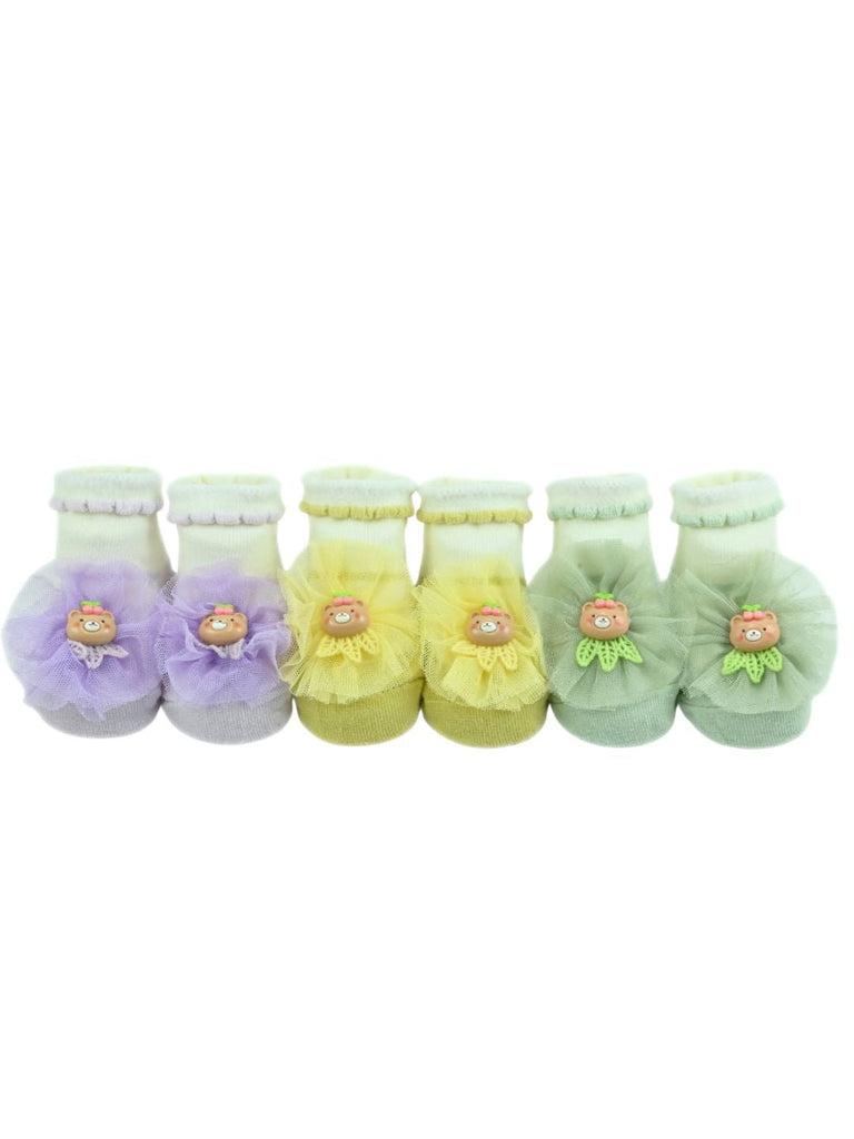 Adorable Baby Cotton Socks with Bear & Floral Design for Girls- Purple, Yellow & Green - Front View