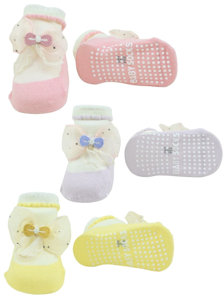 Adorable Baby Cotton Socks with Bow Design for Girls - Multi - Front  & Back View