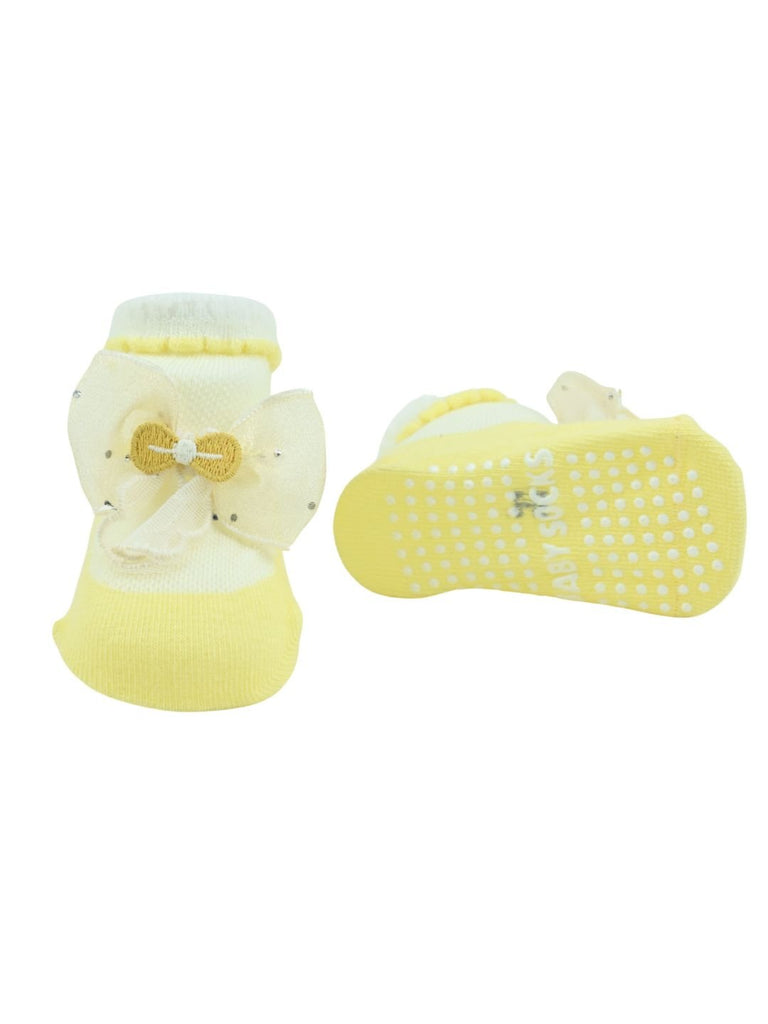 Adorable Baby Cotton Socks with Bow Design for Girls – Yellow - Front & Back View
