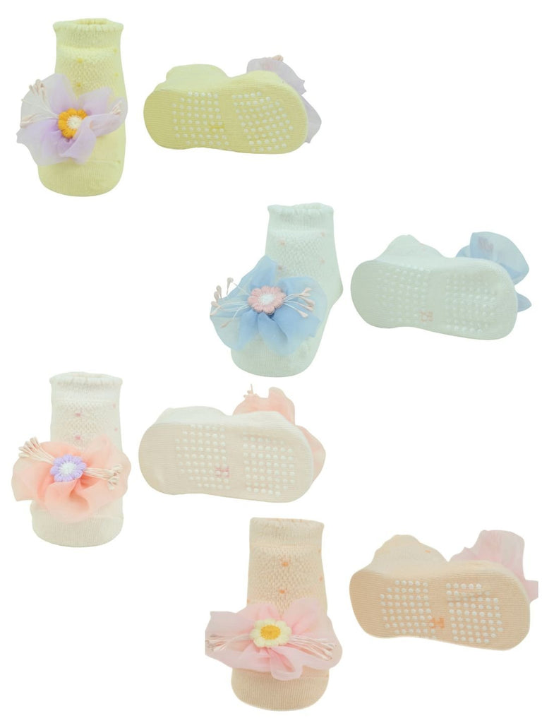 Adorable Baby Socks with 3D Daisy & Mesh Petals Set of 4 - Multi - Front & Back View
