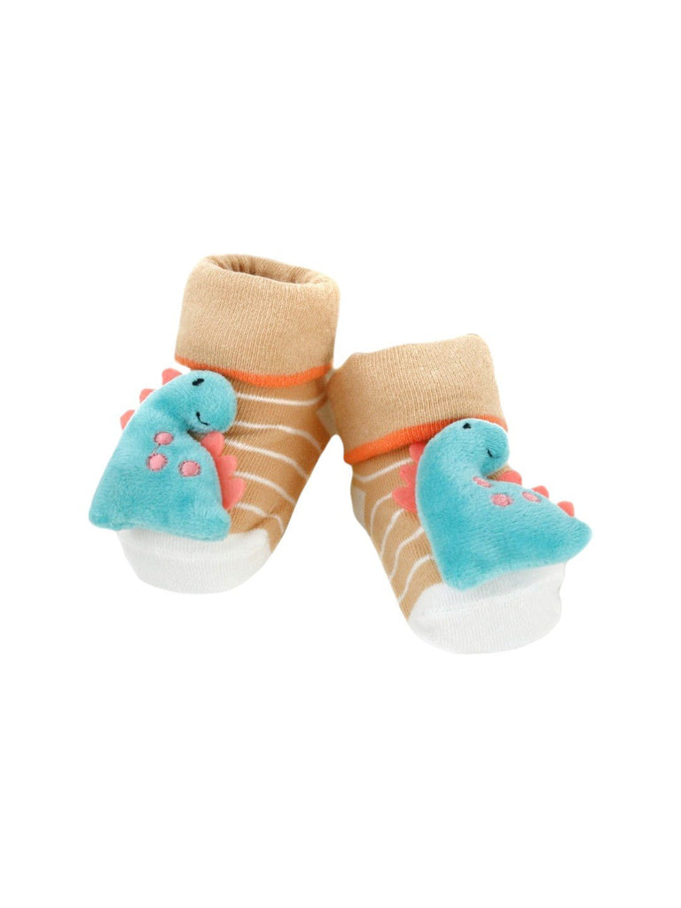 Baby socks with plush blue dinosaur design and tan-striped pattern, angle view.