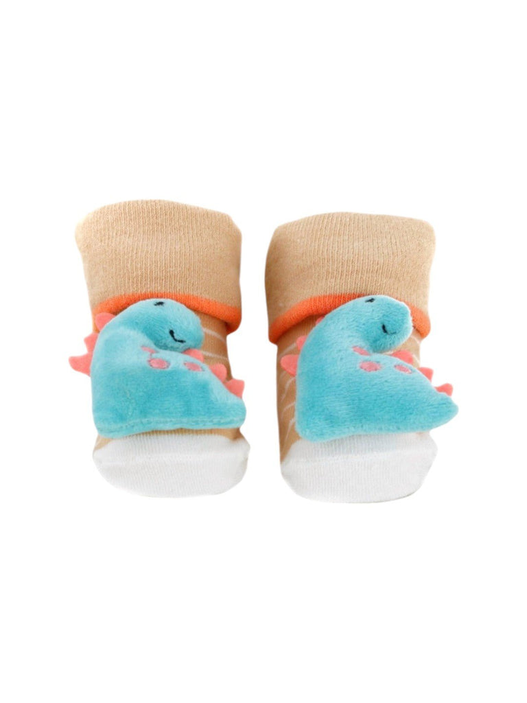 Direct front view of baby socks featuring a plush blue dinosaur and tan-striped pattern.