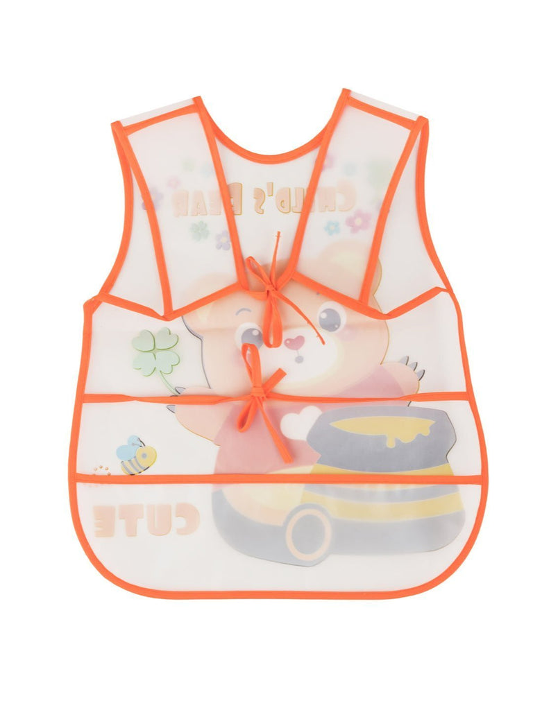 Back view of the Adorable Bear and Honey Pot Waterproof Bib with Floral Accents for Kids.