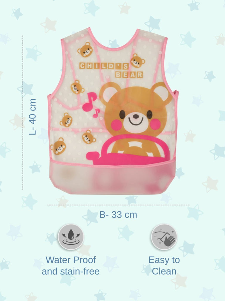 Dimension infographic view of adorable bear-themed waterproof bib with music note design.