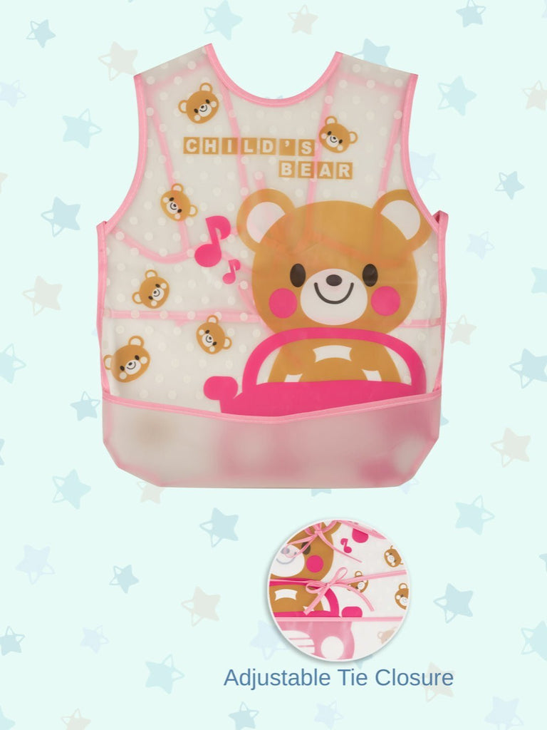 Closeup infographic view of adorable bear-themed waterproof bib with catch-all pocket and music note design.