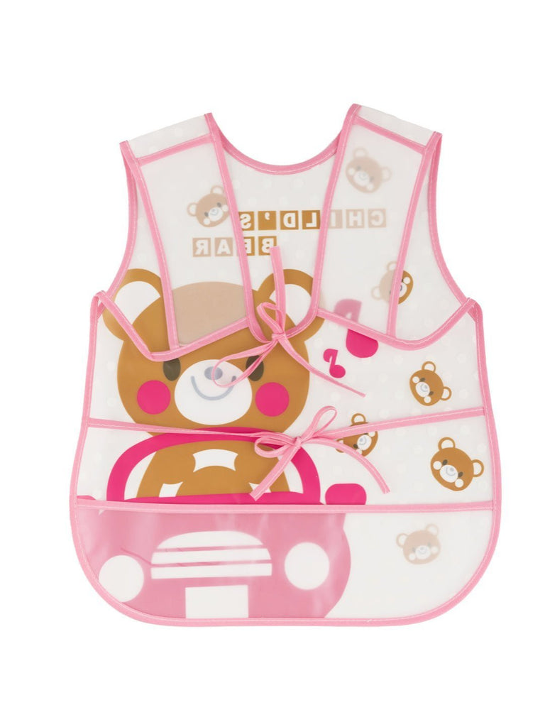 Back view of adorable bear-themed waterproof bib with music note design.