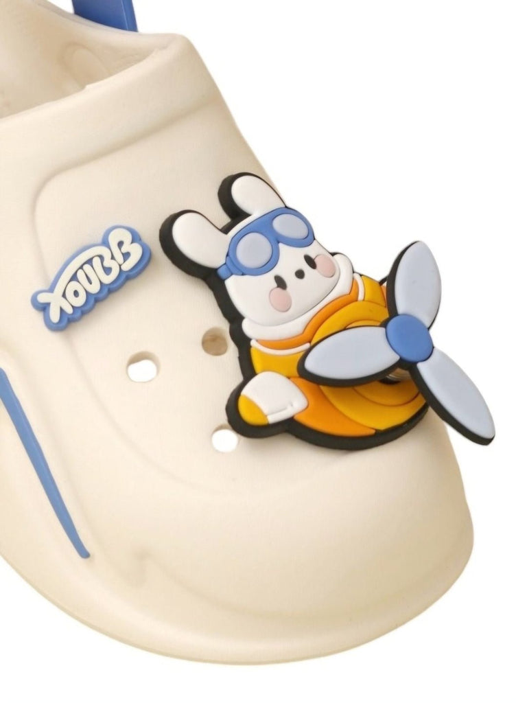 Yellow Bee Blue and White Cartoon Airplane Clogs for Boys - Close-up View