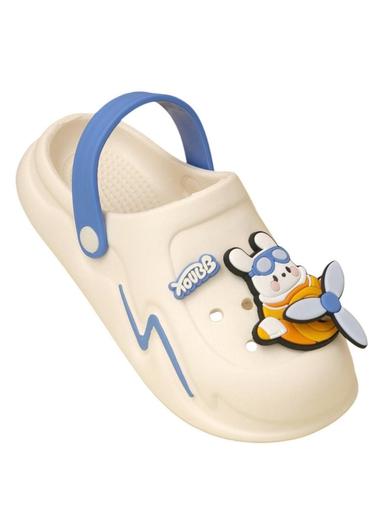 Yellow Bee Blue and White Cartoon Airplane Clogs for Boys - Side Angle View