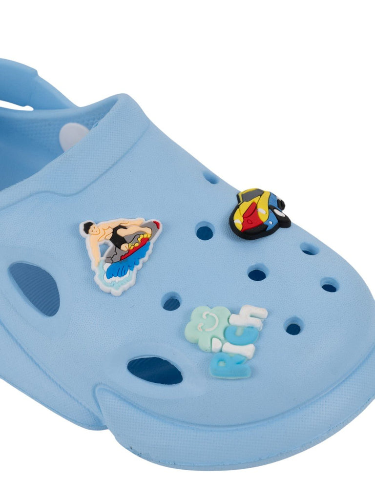 Adorable Blue Clogs with 3D Racing Car, Surfer & Rich Charms for Boys-Close up view