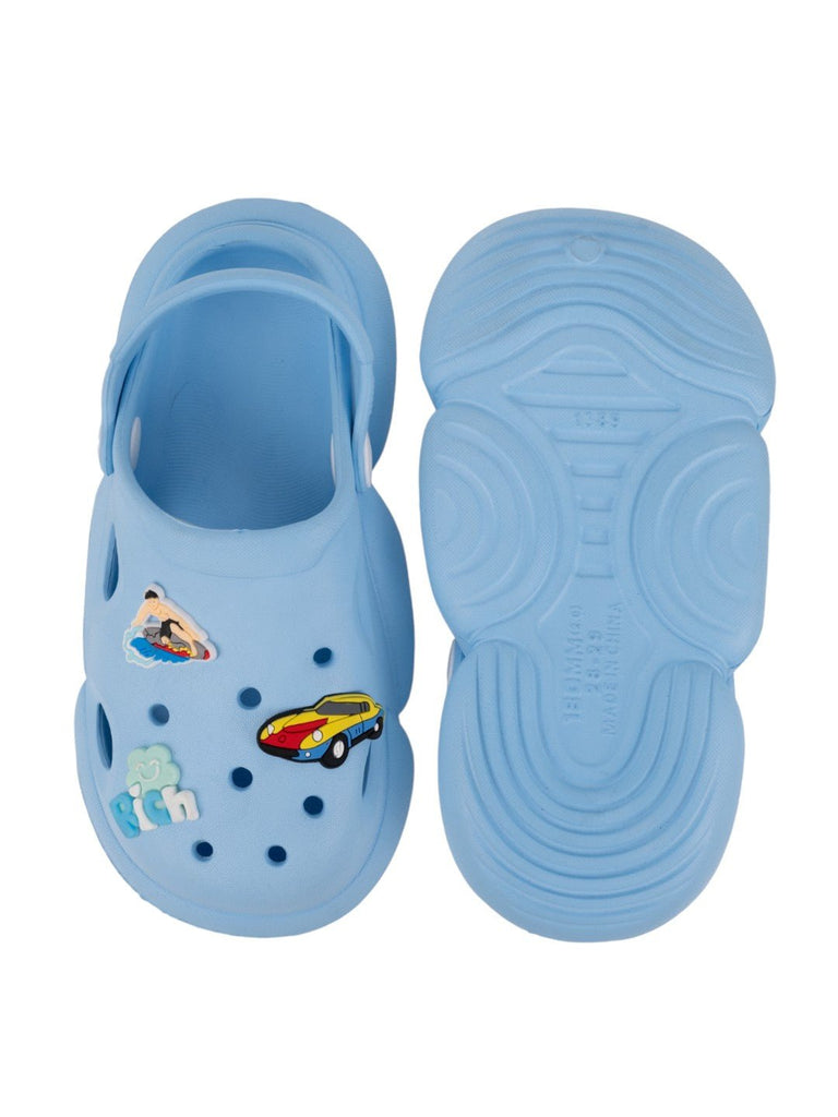 Adorable Blue Clogs with 3D Racing Car, Surfer & Rich Charms for Boys-Front & Back View