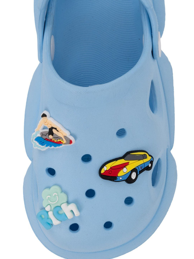 Adorable Blue Clogs with 3D Racing Car, Surfer & Rich Charms for Boys-Front View