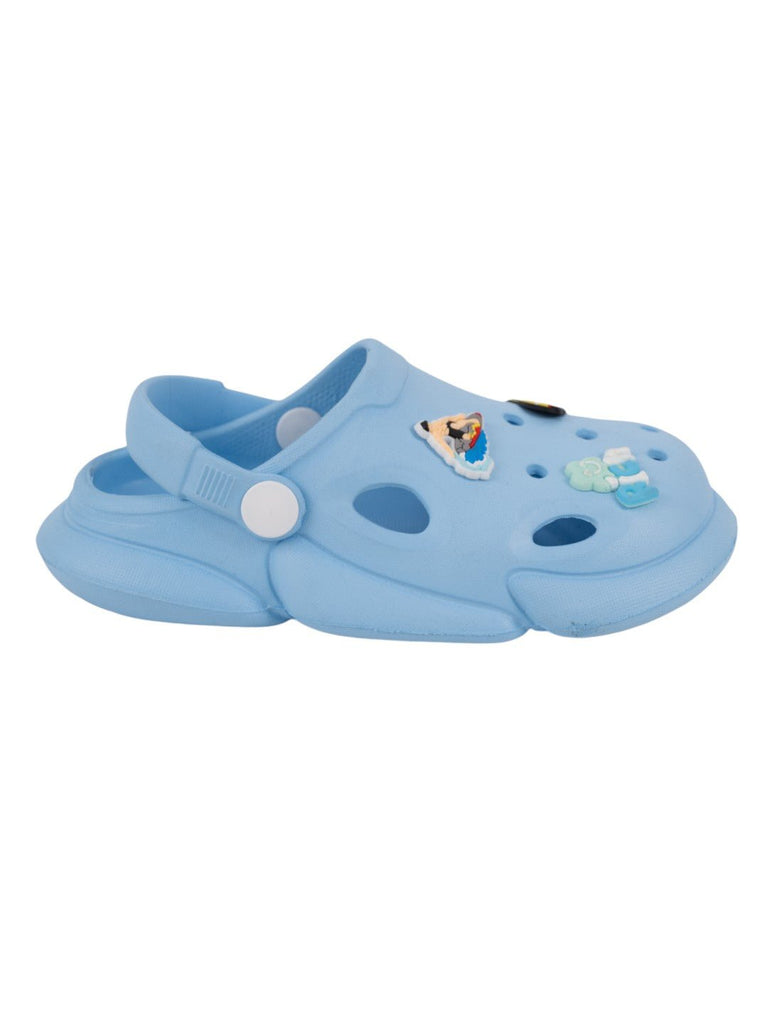 Adorable Blue Clogs with 3D Racing Car, Surfer & Rich Charms for Boys-Side View