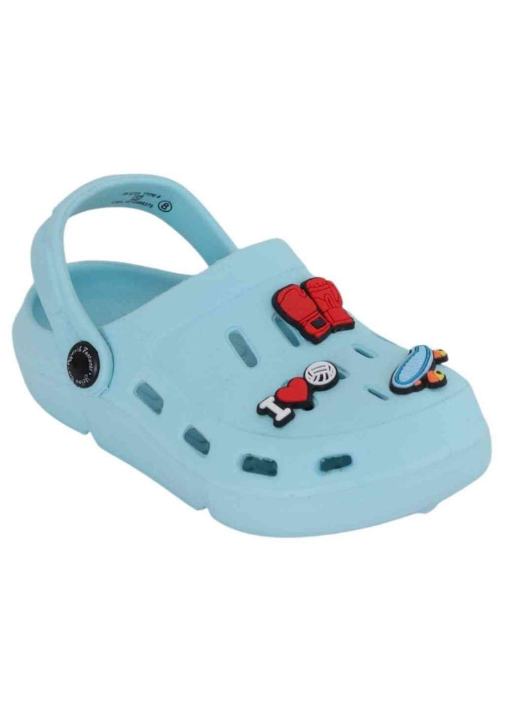 Adorable Blue Clogs with Boxing Gloves, Skateboard & Love Charm for Boys-Ange View