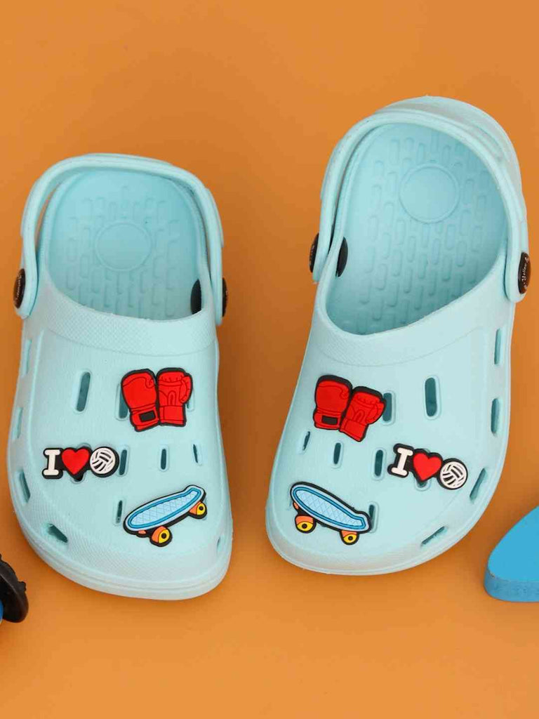Adorable Blue Clogs with Boxing Gloves, Skateboard & Love Charm for Boys-Creative View
