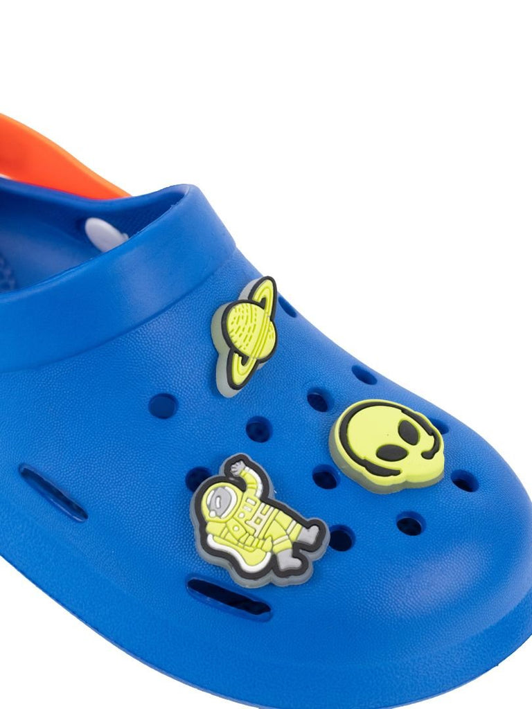 Adorable Blue Glow-in-the-Dark Clogs with 3D Galactic Theme Charms for Boys-Close up view