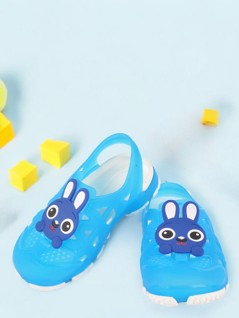 creative view of Adorable Bunny Cartoon Design Rubber Sandal for Boys in Light Blue with sling-back closure.