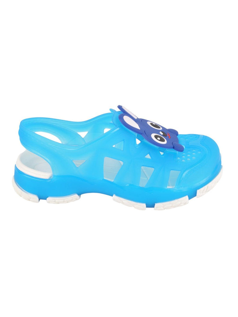 side view of Adorable Bunny Cartoon Design Rubber Sandal for Boys in Light Blue with sling-back closure.