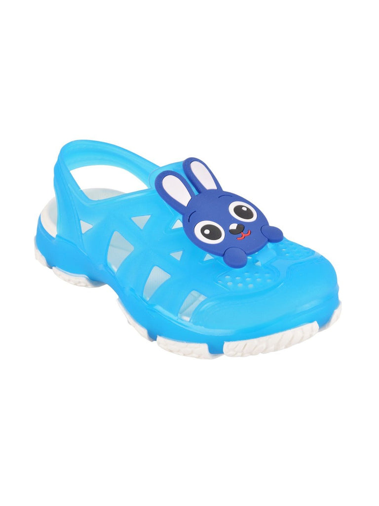 Angle view of Adorable Bunny Cartoon Design Rubber Sandal for Boys in Light Blue with sling-back closure.