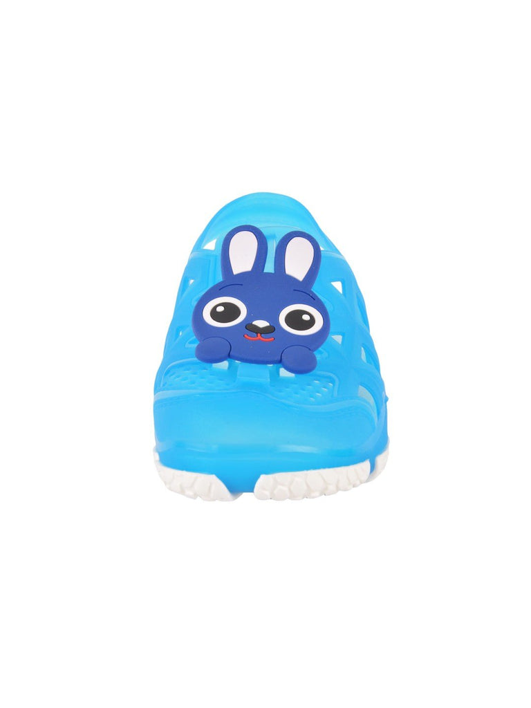 zoom view of Adorable Bunny Cartoon Design Rubber Sandal for Boys in Light Blue with sling-back closure.