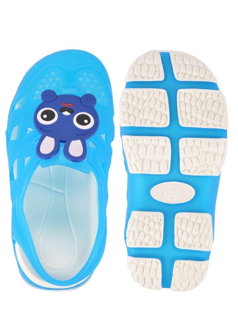 front and back view of Adorable Bunny Cartoon Design Rubber Sandal for Boys in Light Blue with sling-back closure.