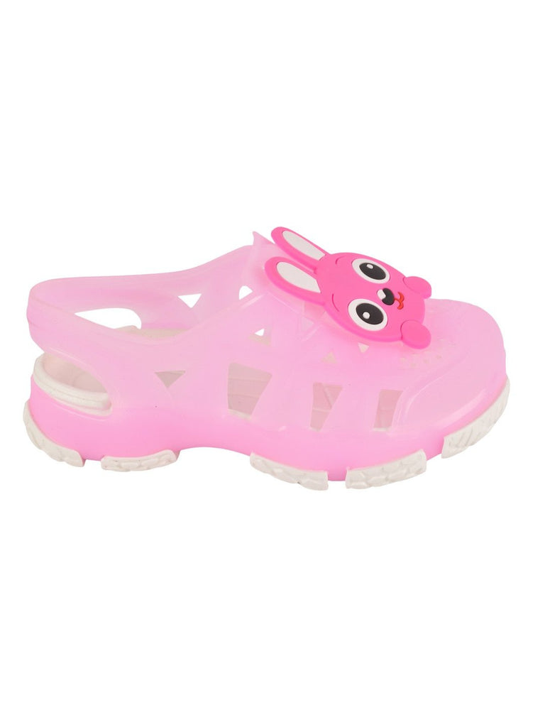 side view of Adorable Bunny Cartoon Design Rubber Clogs for Girls in Pink.