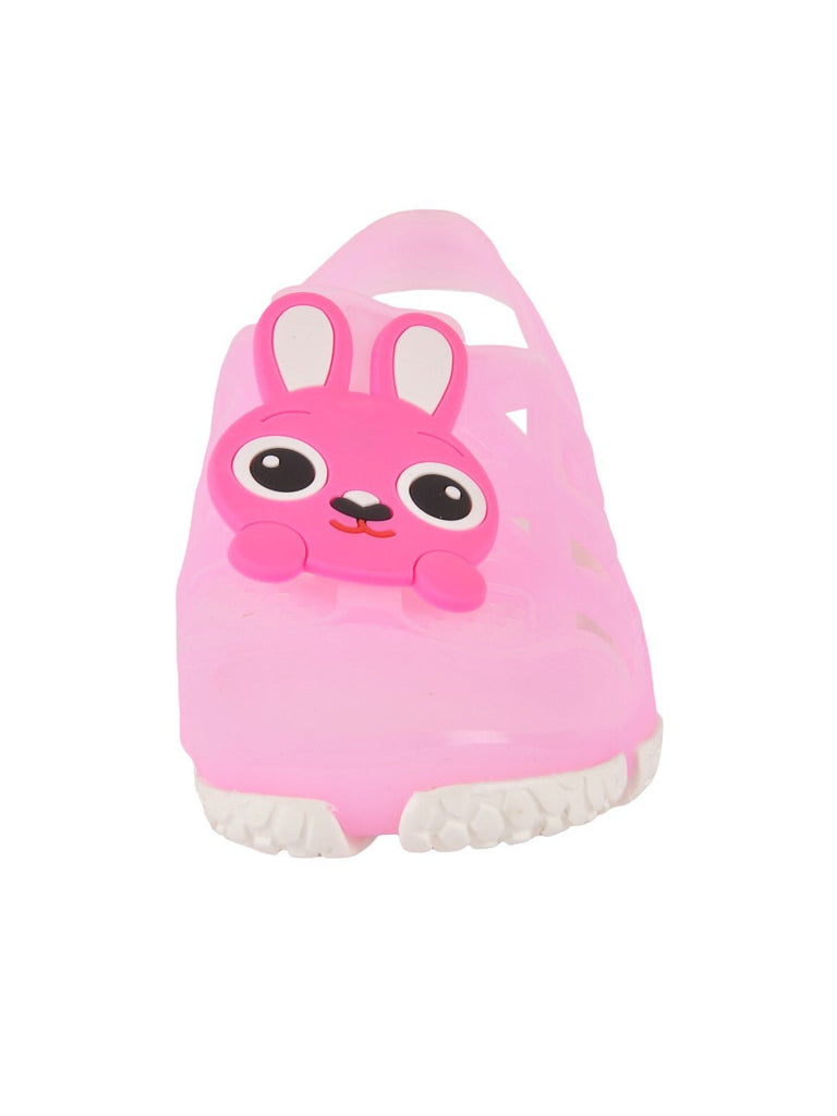 zoom view of Adorable Bunny Cartoon Design Rubber Clogs for Girls in Pink.