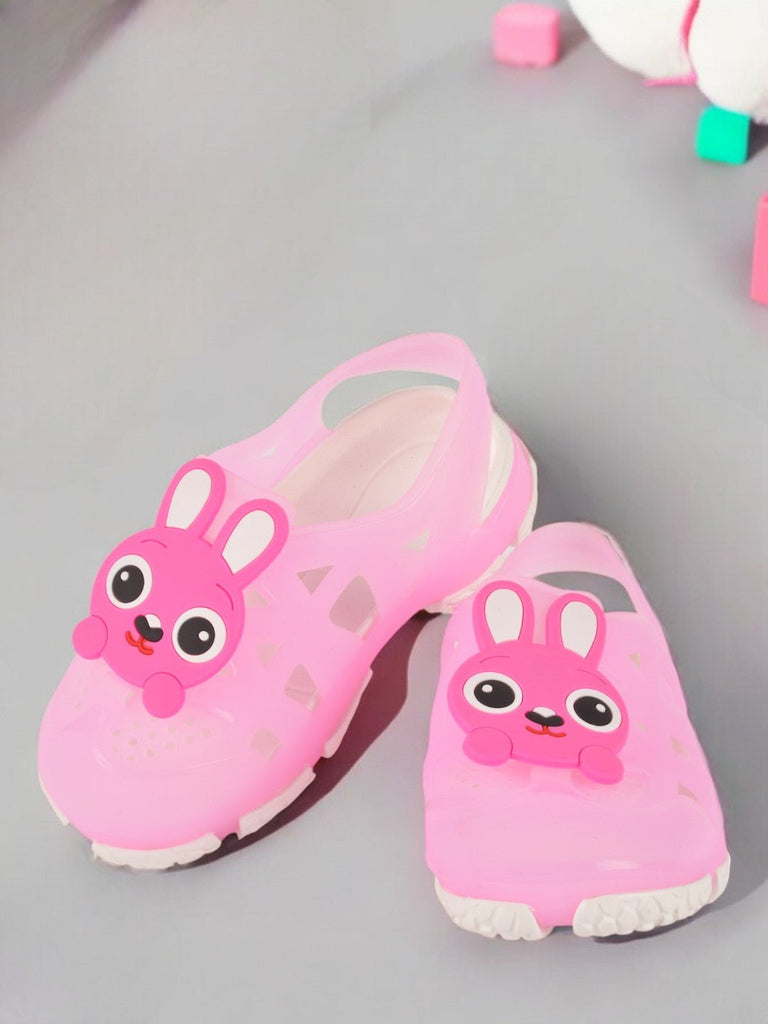 creative view of Adorable Bunny Cartoon Design Rubber Clogs for Girls in Pink.