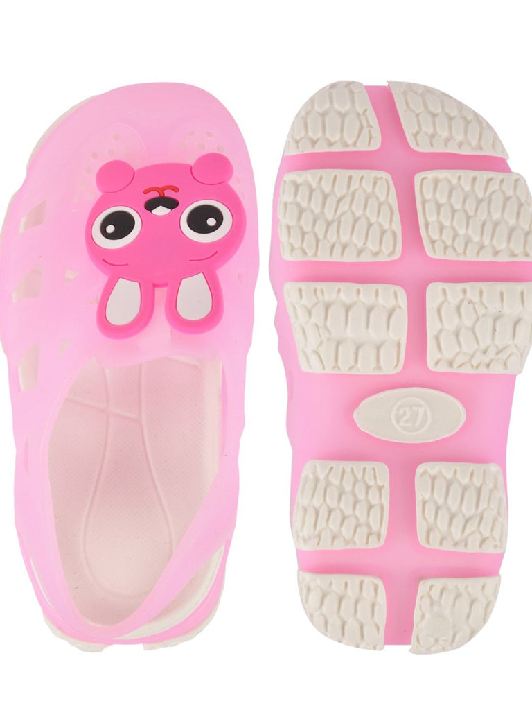 front and back view of Adorable Bunny Cartoon Design Rubber Clogs for Girls in Pink.