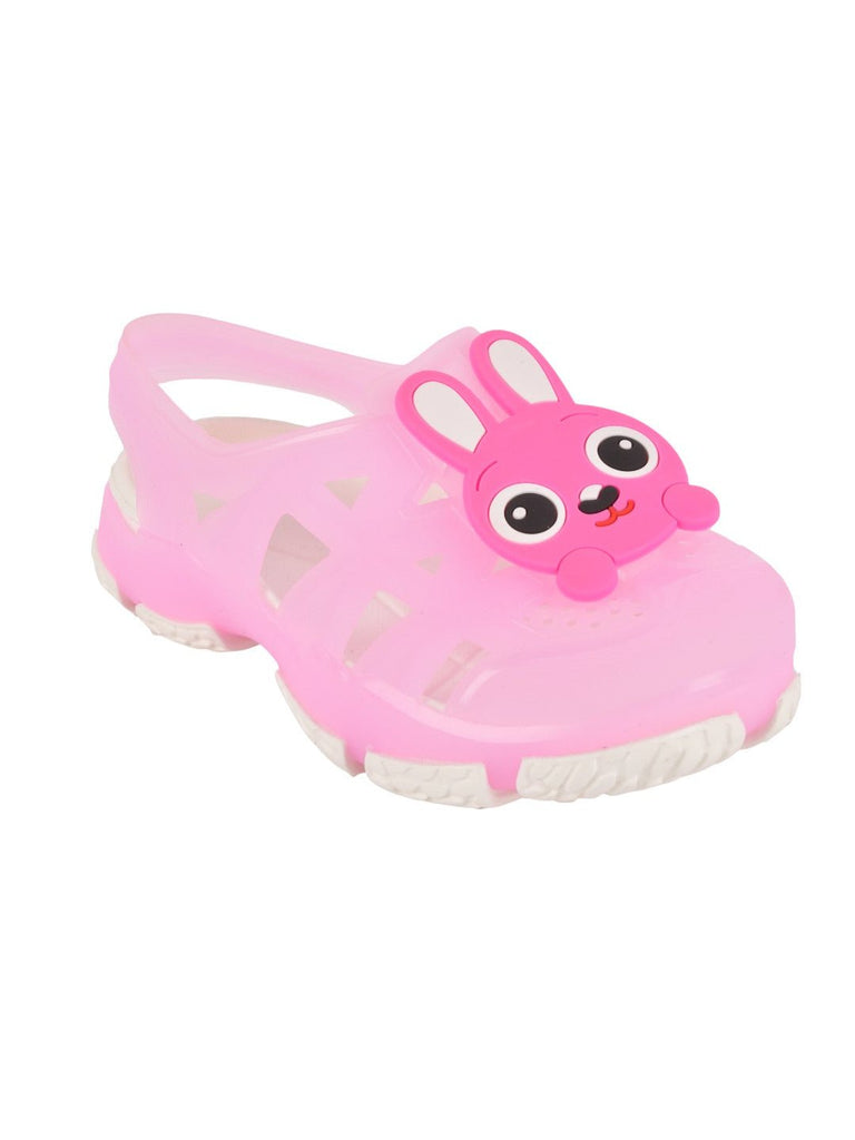 angle view of Adorable Bunny Cartoon Design Rubber Clogs for Girls in Pink.