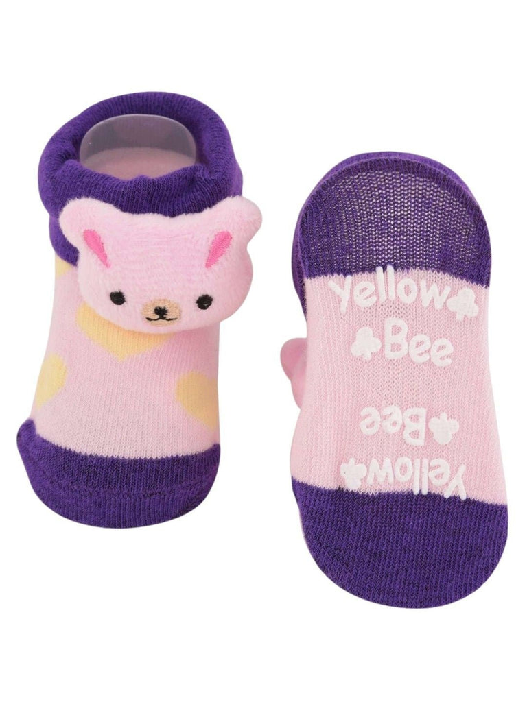 Baby Girl’s Bunny Face Socks in purple, front and back view.