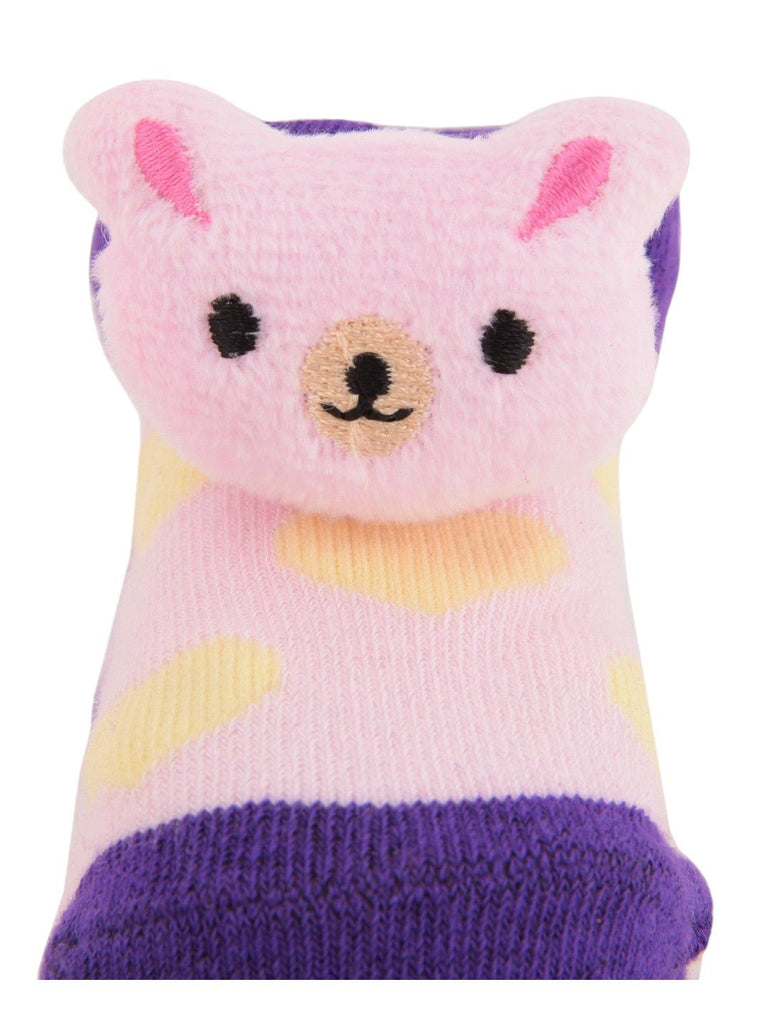 Close-up of Baby Girl’s Bunny Face Sock in purple with heart accents.