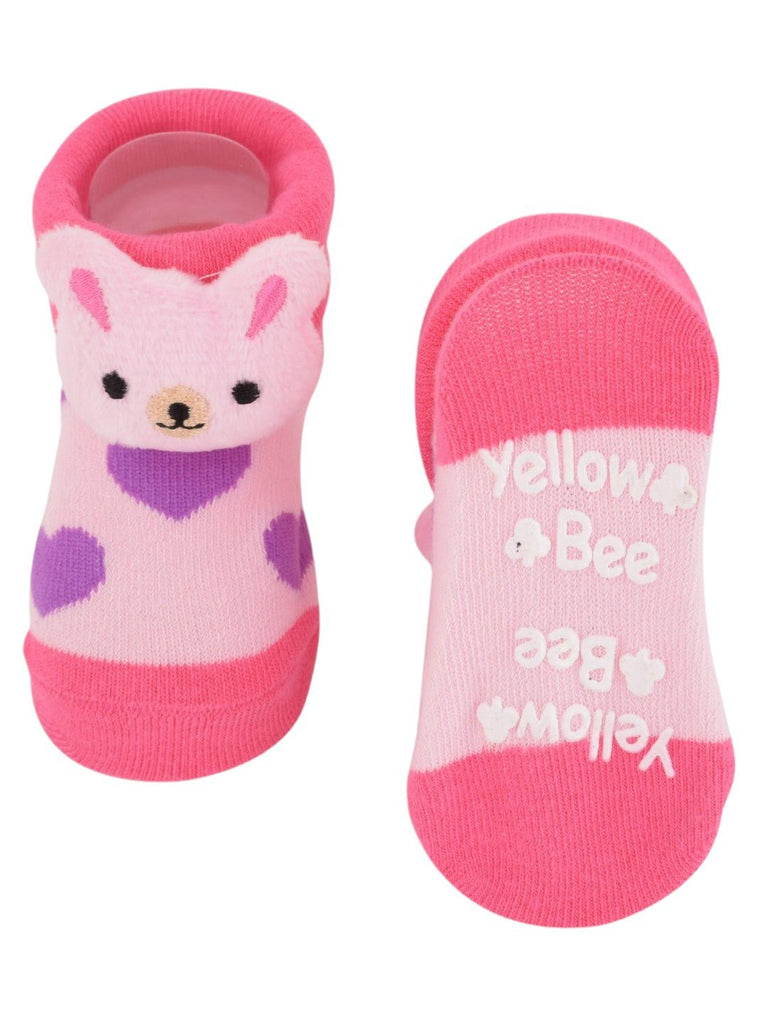 Baby Girl’s Bunny Face Socks in pink, front and back view.