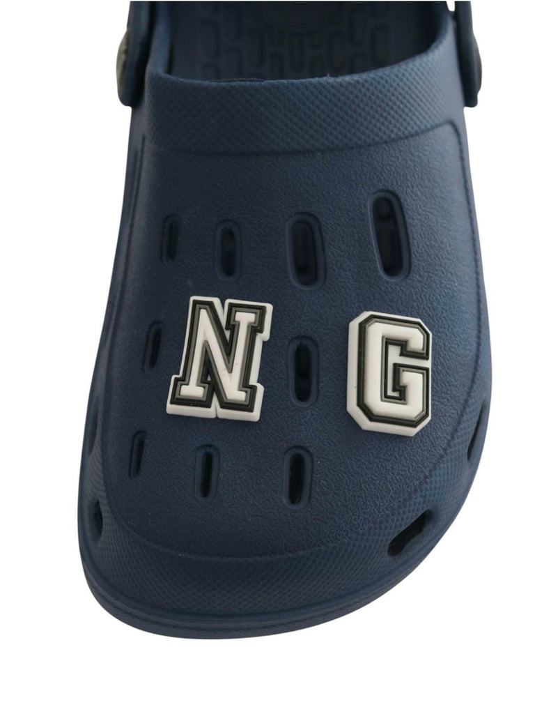 Adorable Clogs with “KING” Letter Charms for Boys- Dark Blue-Front View
