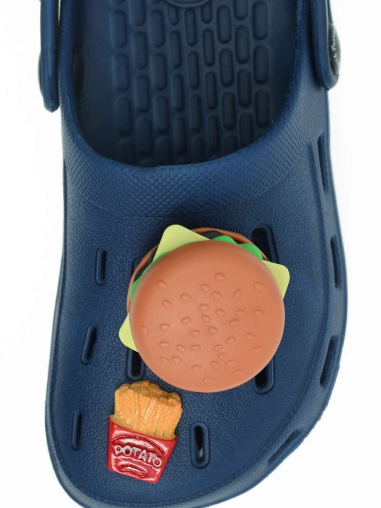 Adorable Clogs with Playful Burger, Fries & Chocolate Charms for Boys- Dark Blue-Front View