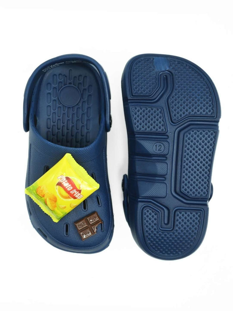 Adorable Clogs with Playful Burger, Fries & Chocolate Charms for Boys- Dark Blue-Front & Back View