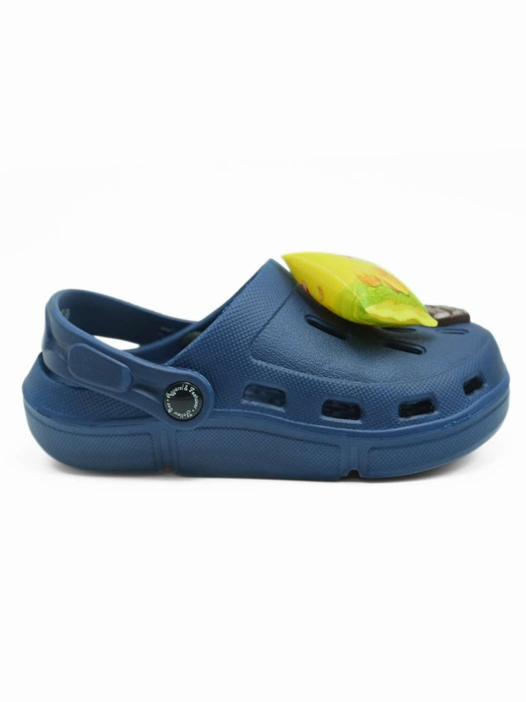 Adorable Clogs with Playful Burger, Fries & Chocolate Charms for Boys- Dark Blue-Side View