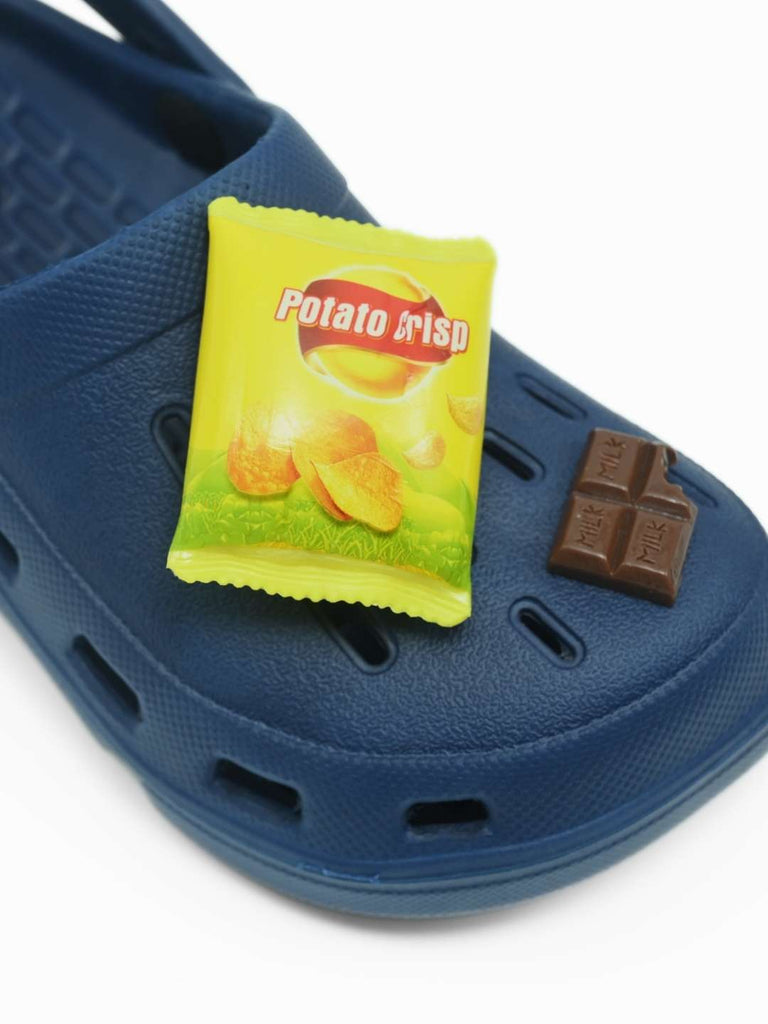 Adorable Clogs with Playful Burger, Fries & Chocolate Charms for Boys- Dark Blue-Close up view