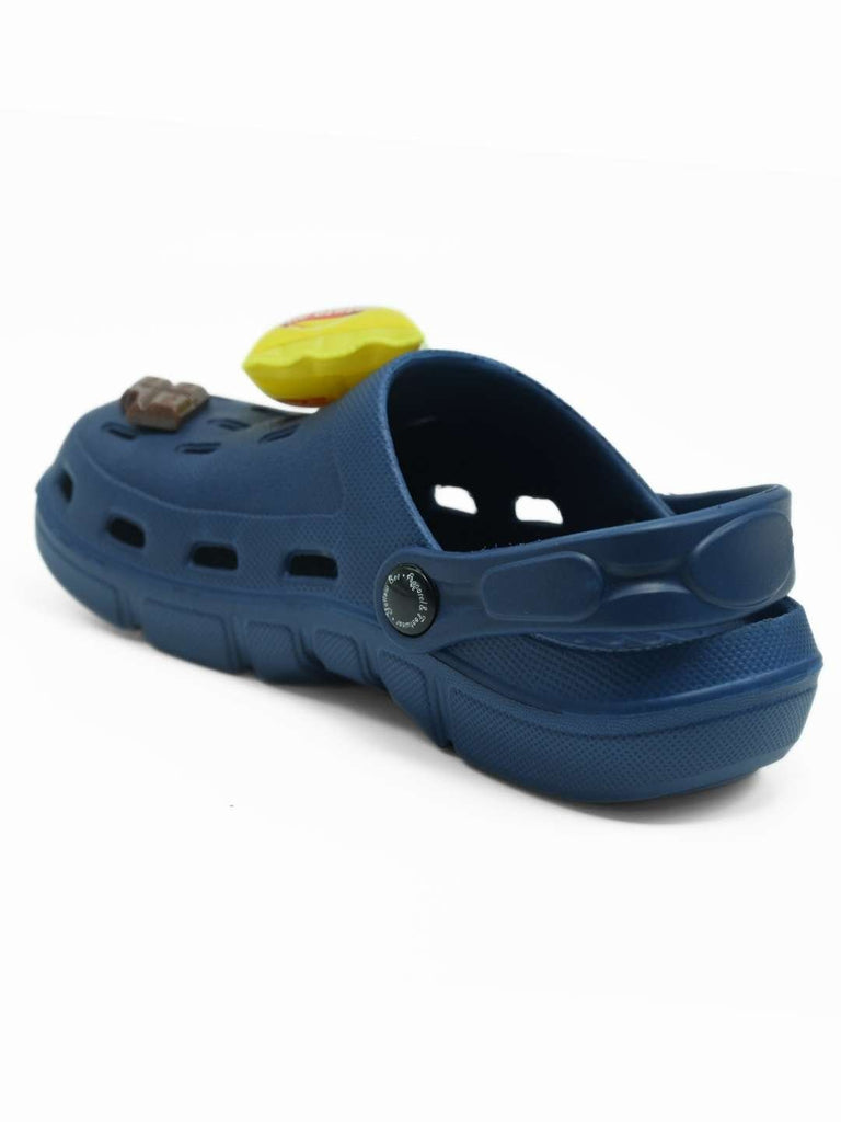 Adorable Clogs with Playful Burger, Fries & Chocolate Charms for Boys- Dark Blue-Back View