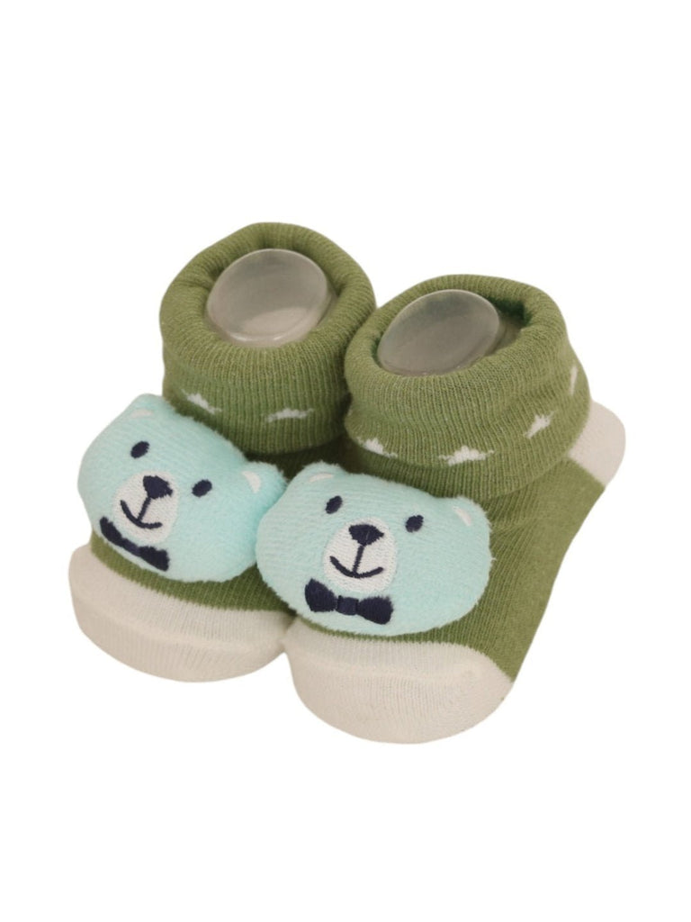 YellowBeeCottonAdorableBabyAnimalFacesRattleSocksSetforBoys-OliveFrontView