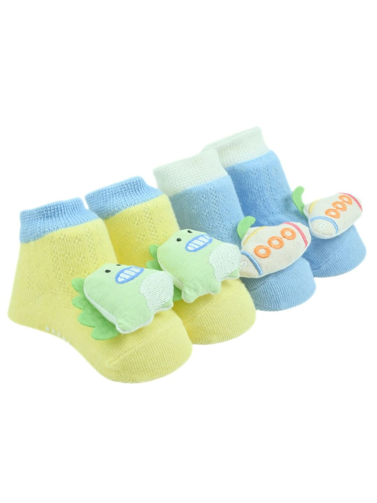 Adorable Dino & Submarine Character Baby Doll Head Cotton Ankle Socks for Boys - Multi - Angle View