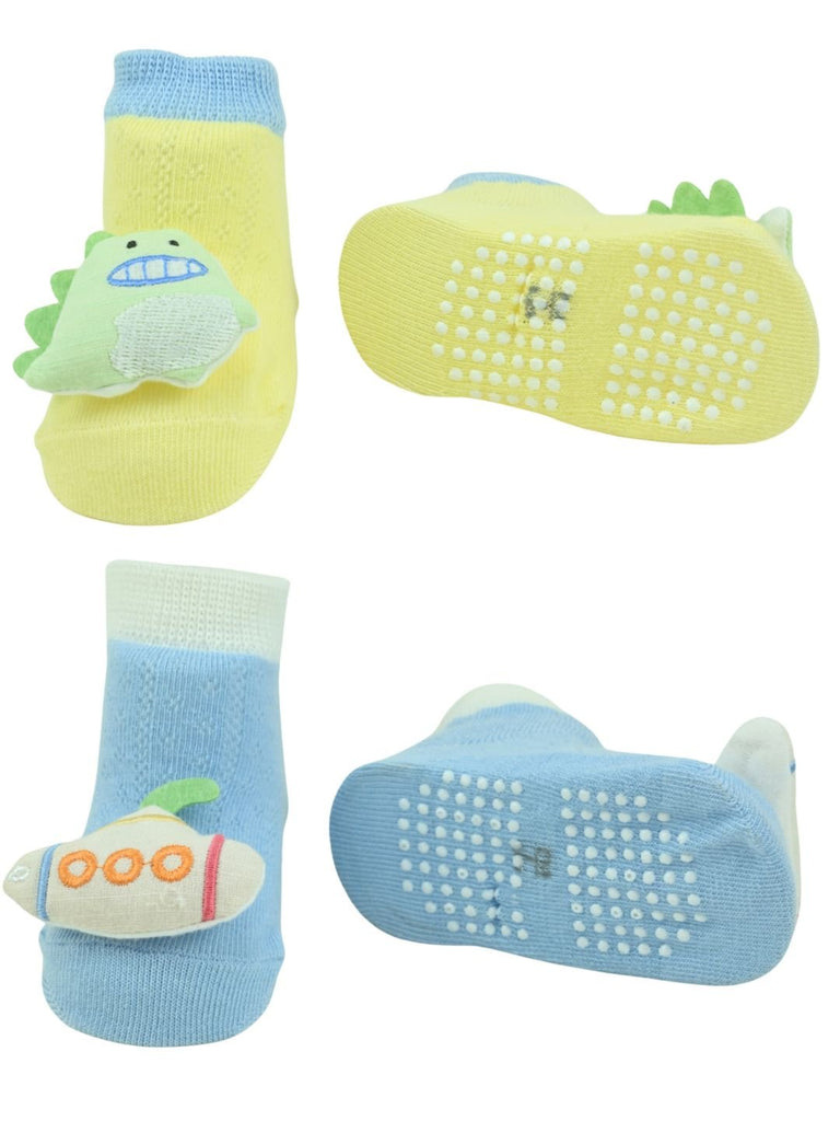 Adorable Dino & Submarine Character Baby Doll Head Cotton Ankle Socks for Boys - Multi - Front & Back View