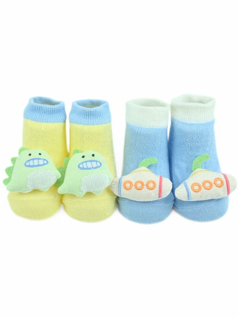 Adorable Dino & Submarine Character Baby Doll Head Cotton Ankle Socks for Boys - Multi - Front View