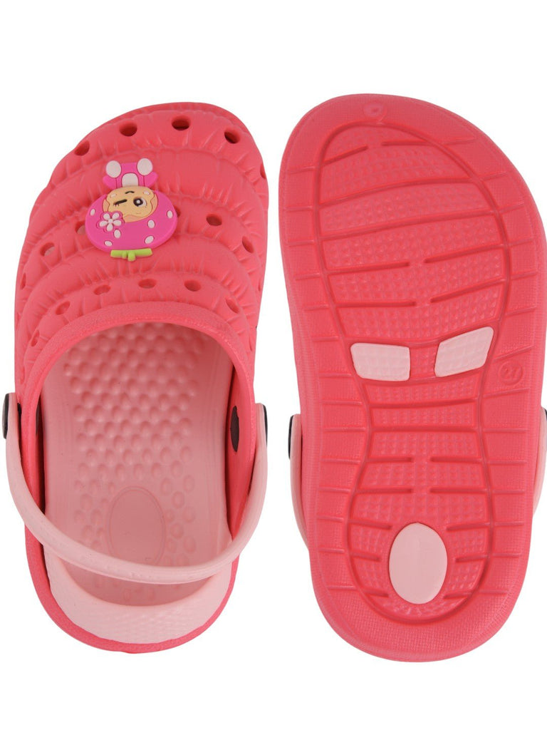 front and back view of dark peach rubber clogs for girls with flower cartoon design